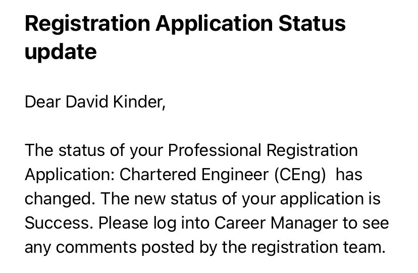 Dave Kinder (@dave_kinder) on Twitter photo So this happened to me today. It was tough at times and a lengthy process, but I’m now officially a Chartered Engineer. So happy <a href="/TheIET/">The Institution of Engineering and Technology</a> <a href="/estates_g/">T&G Estates and Facilities</a> @DirEandF <a href="/EngCouncil/">Engineering Council</a> So this happened to me today. It was tough at times and a lengthy process, but I’m now officially a Chartered Engineer. So happy <a href="/TheIET/">The Institution of Engineering and Technology</a> <a href="/estates_g/">T&G Estates and Facilities</a> @DirEandF <a href="/EngCouncil/">Engineering Council</a>