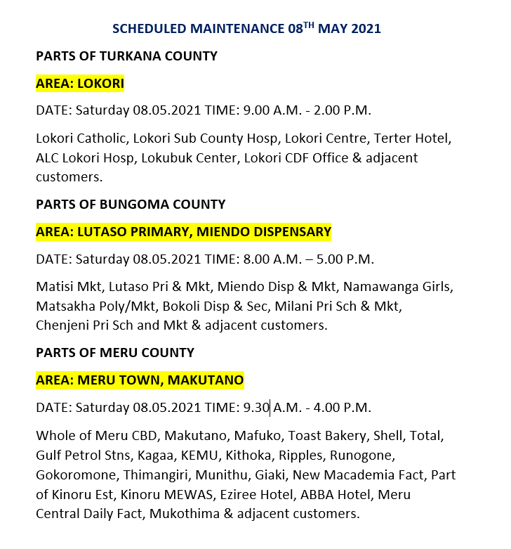 KenyaPower_Care's tweet image. Good evening. The following areas are on scheduled maintenance tomorrow, Saturday 8th of May 2021.^MM