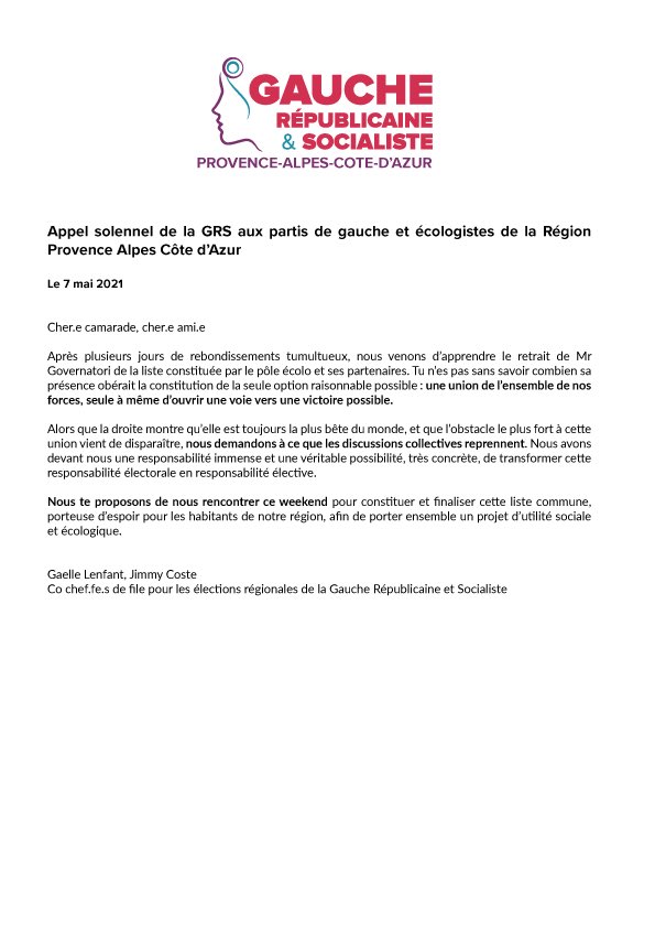 Retrait de #Governatori, appel solennel de la #GRS à l’union de la plus large possible de toute la gauche et des écologistes pour les #ElectionsRegionales #PACA 2021