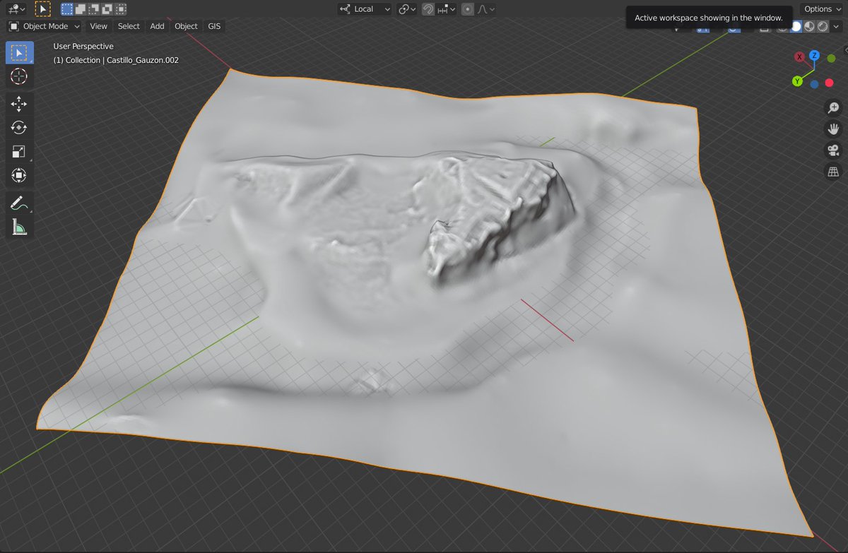 Para poder empezar a llevar a cabo la reconstrucción sobre bases firmes, utilicé un modelo digital del terreno obtenido a partir de datos de Blender GIS, IGN y Google Earth. 