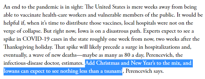 12/ Not just a storm - a tsunami, with as many as 80 deaths per day coming a few weeks after the holidays in Iowa, according to Perencevich. The rolling average of deaths in Iowa peaked and started rapidly declining at almost the exact same time that he said this.
