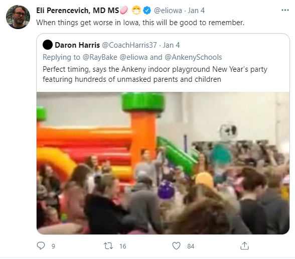 13/ You'd think Eli would check his biases about how much we can control a virus, but he doubled down in January, saying "things will get worse" because God forbid he saw a picture of *squints* kids playing together. (Hospitalizations are down 64% since he tweeted this.)