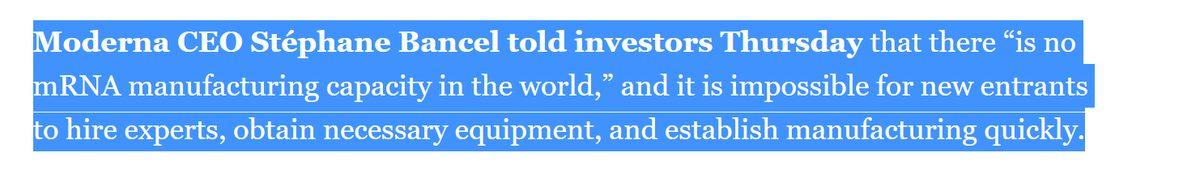 Totally disingenuous argument from the CEO of  @moderna_tx. Tech transfer for mRNA vaccines works to rapidly scale up production, even when there is no available manufacturing capacity. How do we know? This is the exact approach Moderna *itself* used to scale their production