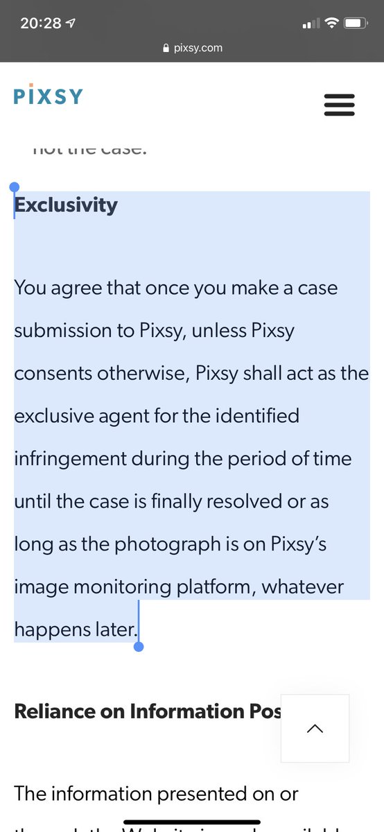 So basically if you upload ANYTHING to their site you lose all agency to litigate or control your work. Pixsy just sends aggressive form letters telling people they owe $$$ and to pay up or go to court. Pixsy keeps half of this. So that's why they want you.