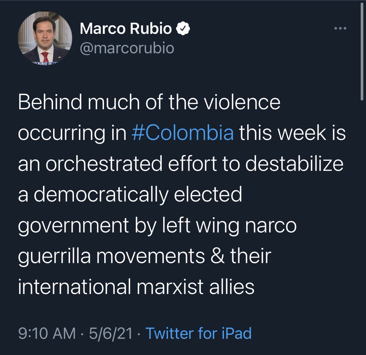 Do you know this is happening?Yesterday I saw a tweet by Marco Rubio where he echoed Duque’s dangerous lies. Calling the protesters guerrilla members. The acute danger of empire. If you abhor police brutality here I need you to abhor police brutality everywhere.