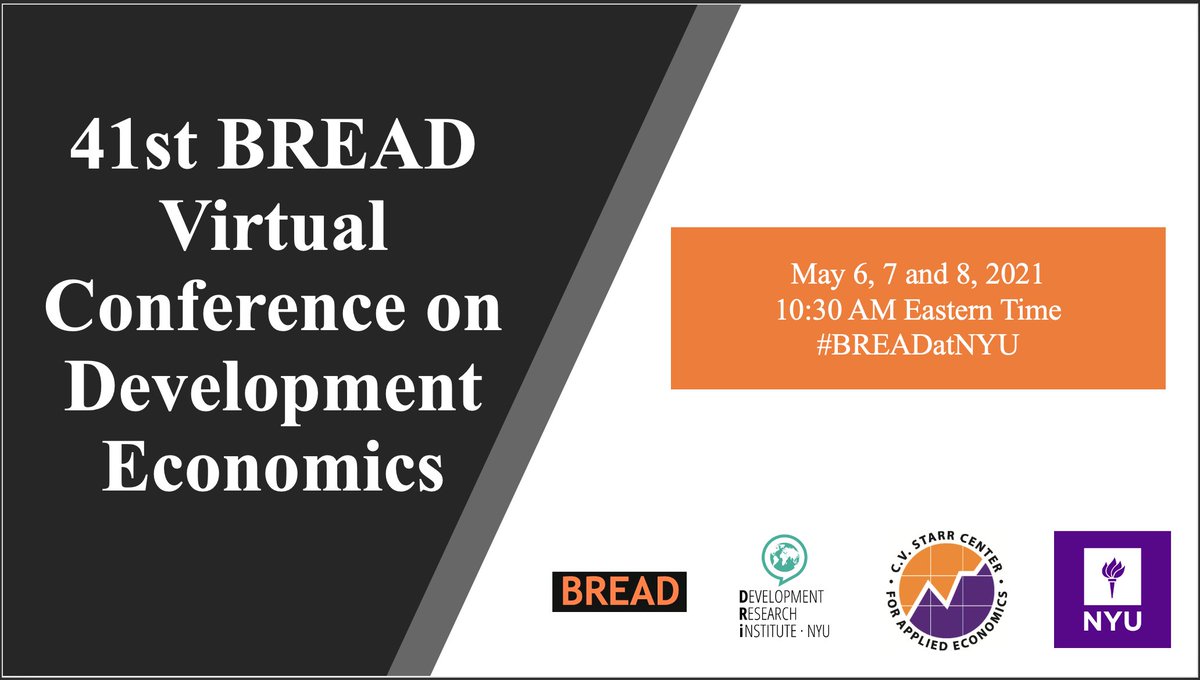 You can still tune in to the "41st BREAD Virtual Conference on Development Economic" today and tomorrow, May 7-8! See the full program and register on our website here: bit.ly/breadatnyu  #BREADatNYU