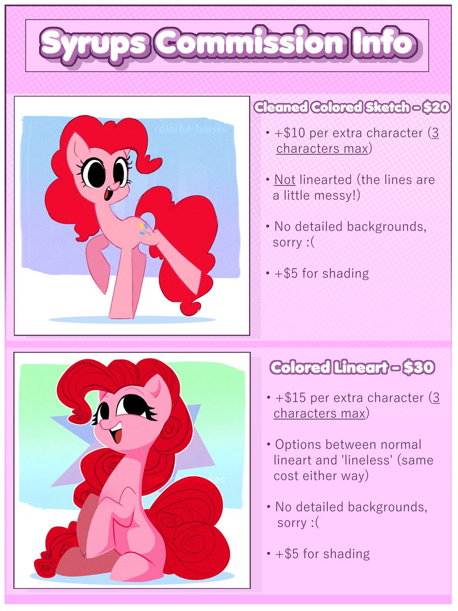 I'm opening up pony commissions! There are 4 slots available, please DM me if you're interested!! 