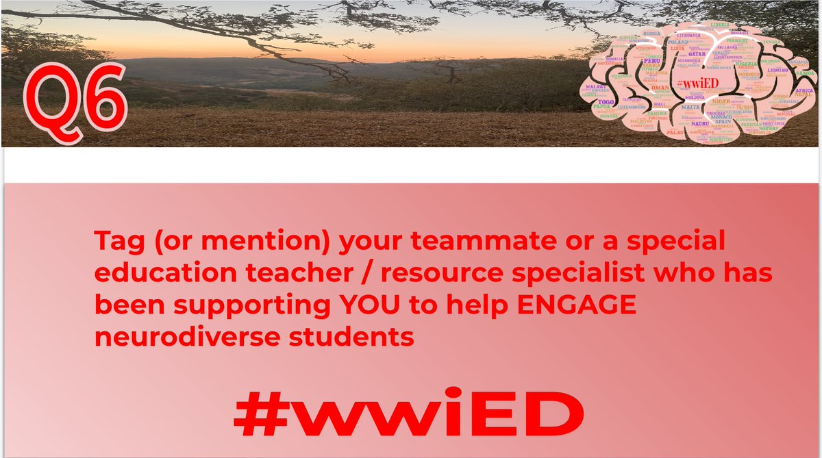 Q6: #wwiED

Tag (or mention) your teammate or a special education teacher / resource specialist who has been supporting YOU to help ENGAGE neurodiverse students