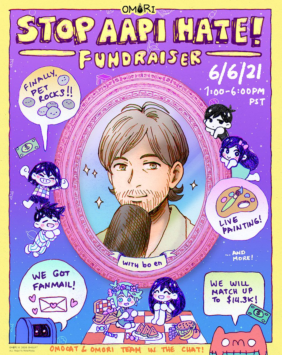 we're hosting an OMORI: STOP AAPI HATE! fundraiser stream featuring @boenyeah on bo en's YouTube on 6/6, 1PM-6PM PST! all profits will go to https://t.co/Bo55mY0R7W, and @_omocat will match up to $14.3k! we have a lot of fun events planned. hope you can join us! 