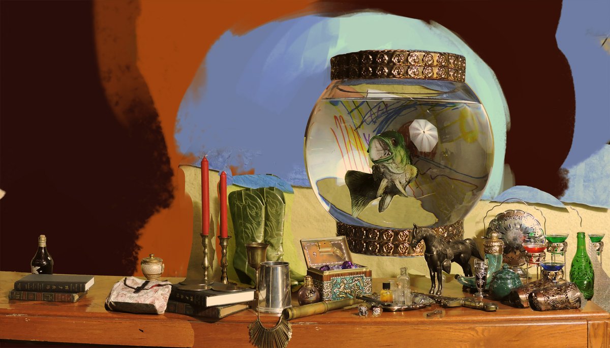 Particularly fun was attempting a minimal representation of the various items on Xanathar's desk as per the cover I illustrated previously