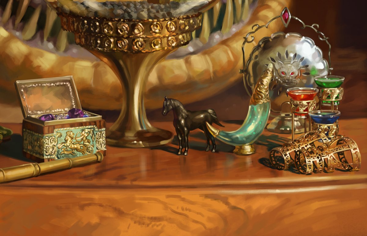 Particularly fun was attempting a minimal representation of the various items on Xanathar's desk as per the cover I illustrated previously