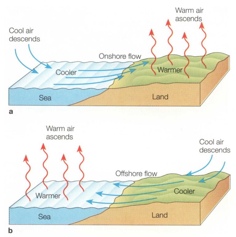 Sea breezes and the term “onshore winds” tend to be used interchangeably in this case and so a good way to remember what onshore refers to is to think of it in the sense that these winds travel from the sea and ON to the shoreline.