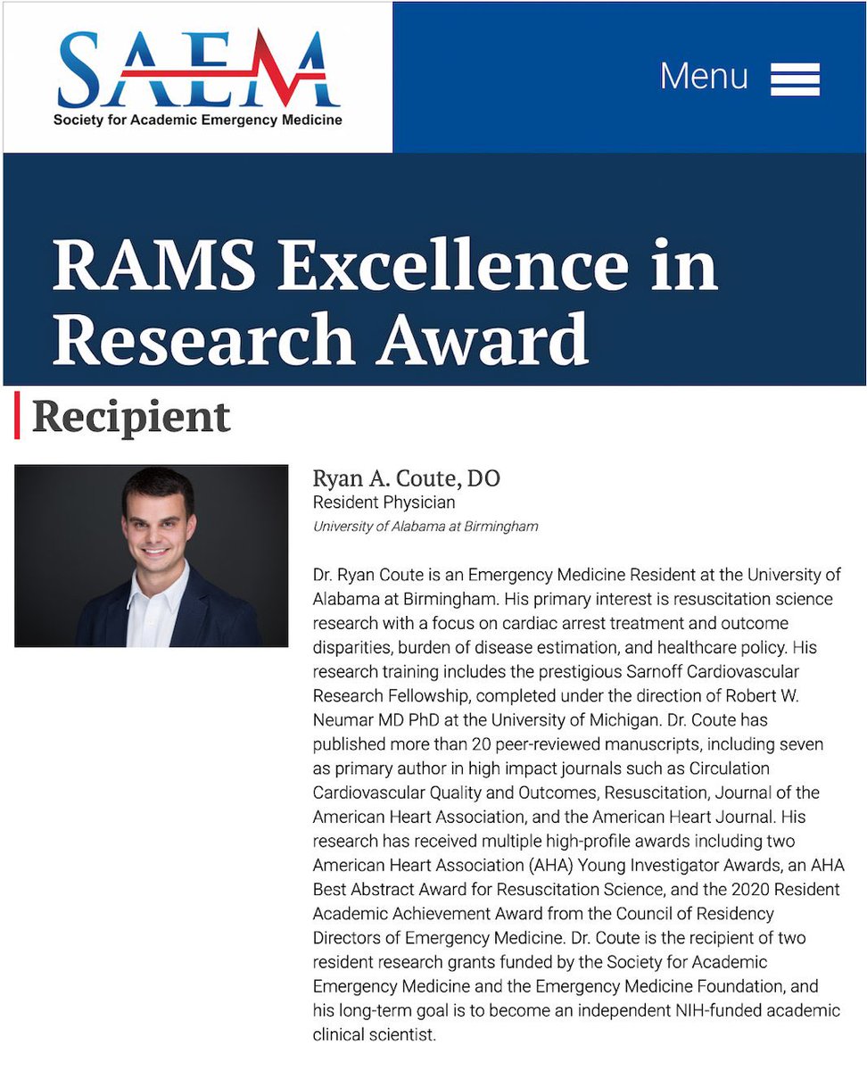 Congratulations to our very own @RyanCoute for receiving the 2021 <a href="/SAEMonline/">SAEM</a> Resident Researcher Award! We’re excited to be keeping him as faculty at <a href="/uabmedicine/">UAB Medicine</a>!