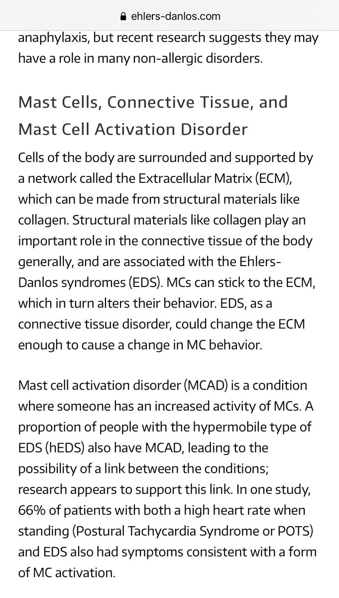 More info about MCAS: https://www.ehlers-danlos.com/2017-eds-classification-non-experts/mast-cell-disorders-ehlers-danlos-syndrome-2/ https://www.naughtylittlemastcells.com/what-is-mast-cell-activation-syndrome/