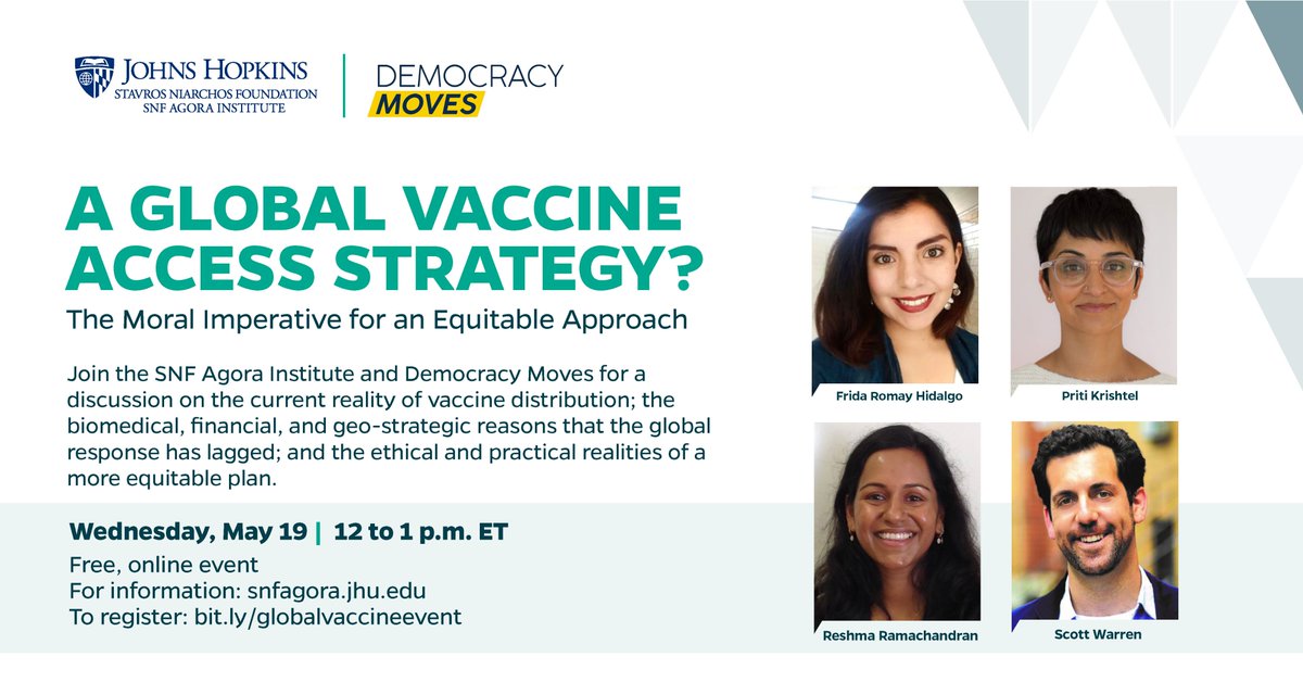 SNF Agora Institute at Johns Hopkins University (@snfagora) on Twitter photo Join SNF Agora and <a href="/democracy_moves/">Democracy Moves</a> for a virtual discussion on the current reality pertaining to vaccine distribution and the reasons that the global response has lagged.
“A Global Vaccine Access Strategy?”
May 19, 12–1 p.m. ET
Register for free: bit.ly/globalvaccinee… Join SNF Agora and <a href="/democracy_moves/">Democracy Moves</a> for a virtual discussion on the current reality pertaining to vaccine distribution and the reasons that the global response has lagged.
“A Global Vaccine Access Strategy?”
May 19, 12–1 p.m. ET
Register for free: bit.ly/globalvaccinee…