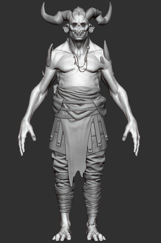 Khovalen's tweet photo. I keep forgetting to post this thing lmao, been working on this demon-guy for a HOT minute now, still HUGE chunks of cloth that are still just basic planes still, but hey look I sculpted every crease on the sole of the foot that's cool right ;-; https://t.co/jU7tFlRhij