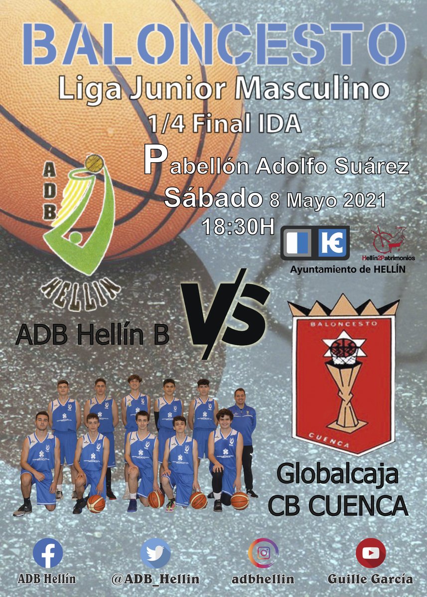 ADB_Hellin's tweet photo. #GameDay💥💥
#ADBHellin "B" 🆚 @CB_Cuenca
📆08/05/2021
⏰18:30H
📍Pabellón Adolfo Suárez
🏆1/4 Final IDA Junior Masc. Zonal
📺 https://t.co/8UI3lGsIgy 🎙️🔥
🟢 Se permitirá la entrada de aficionados https://t.co/Yf9qd10cHP
