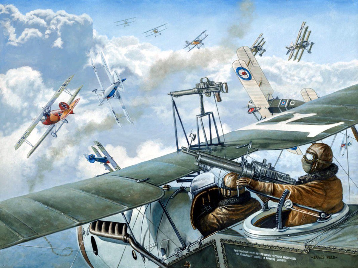  #OTD in 1918, the famous "Two against Twenty" fight. In one of the most remarkable aerial mêlées of the Great War, two Bristol Fighters took on 20 German scouts and survived unscathed while bringing down eight enemy aircraft. Here's the story: 1/22[James Field painting]