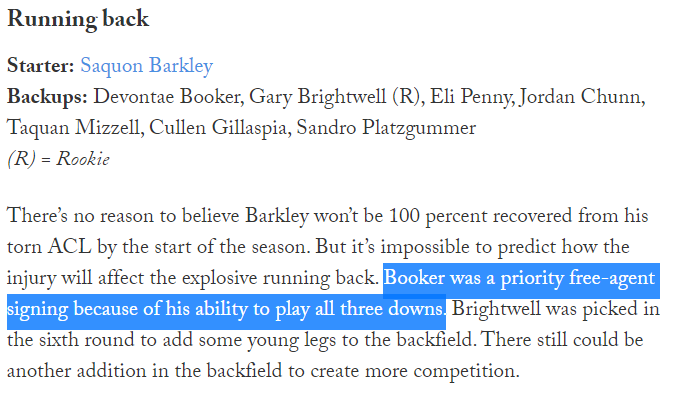 Saquon is the main guy, no doubt. But as I made the point with Latavius Murray and Chuba Hubbard this morning, Devontae Booker shouldn't be going undrafted (Underdog ADP of 215) even if the Giants use a committee if Saquon gets hurt again (hopefully not).