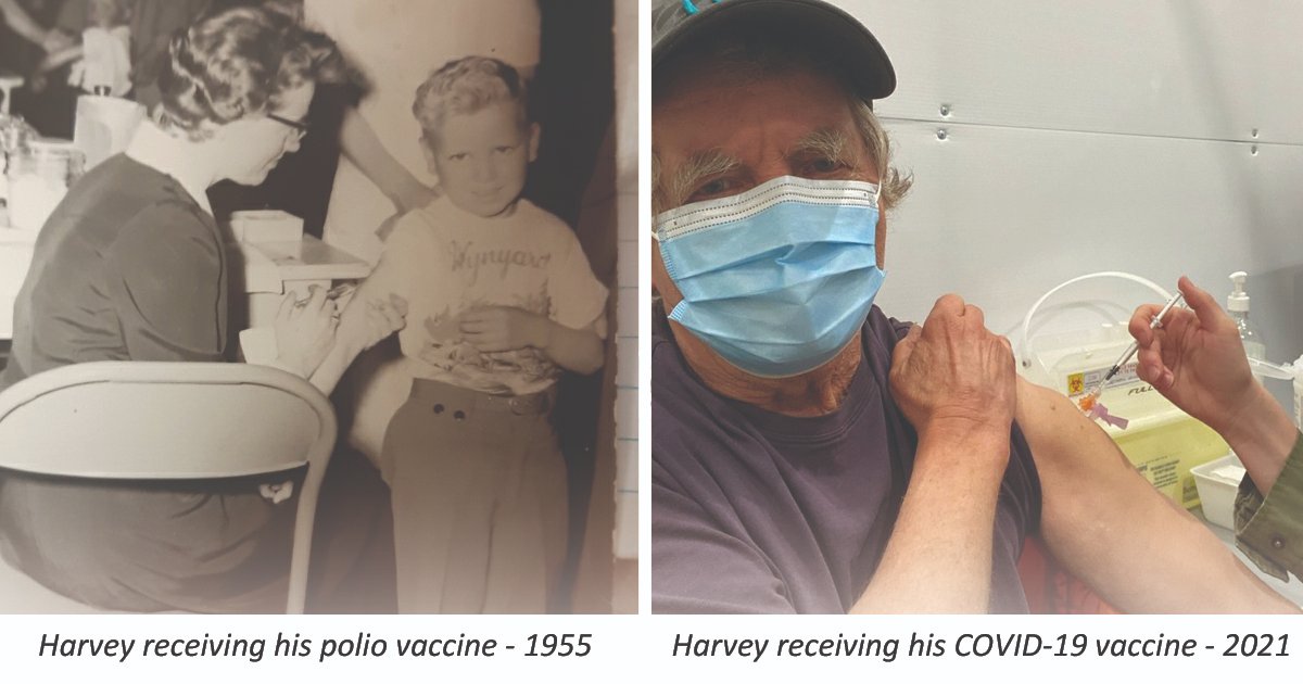 SaskHealth's tweet photo. Harvey Anderson rec'd his polio vaccination in 1955. The polio vaccine was new but his parents knew preventing the disease far outweighed the minimal risk from the vaccine. 66 yrs later, Harvey got his COVID-19 vaccine. #StickItToCOVID
https://t.co/nC7GuGHqZR https://t.co/jYhiaRHfok