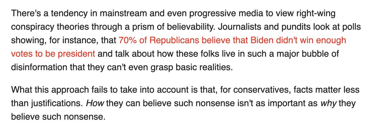 Liberals get caught up in questions of how right wingers can believe such idiotic things. But the real question is not how, but why. They aren't interested in facts, and beliefs are what is useful more than what is true.