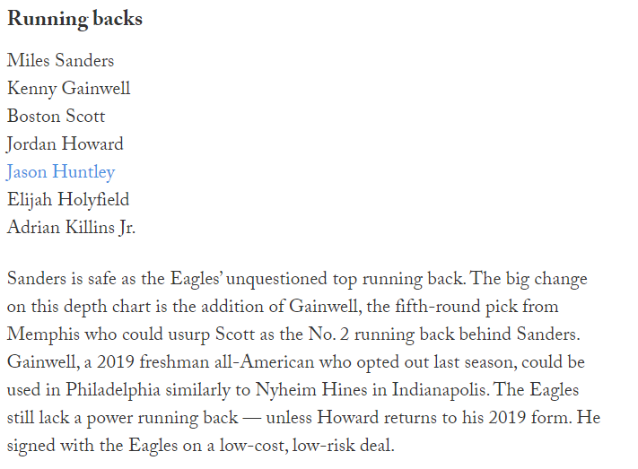 I honestly didn't know that Jordan Howard was on the Eagles again until now. There seems to be a lot of confidence that Sanders is the "unquestioned top running back" despite how crowded this backfield is. If Gainwell does get used like Hines, then Sanders is in trouble.