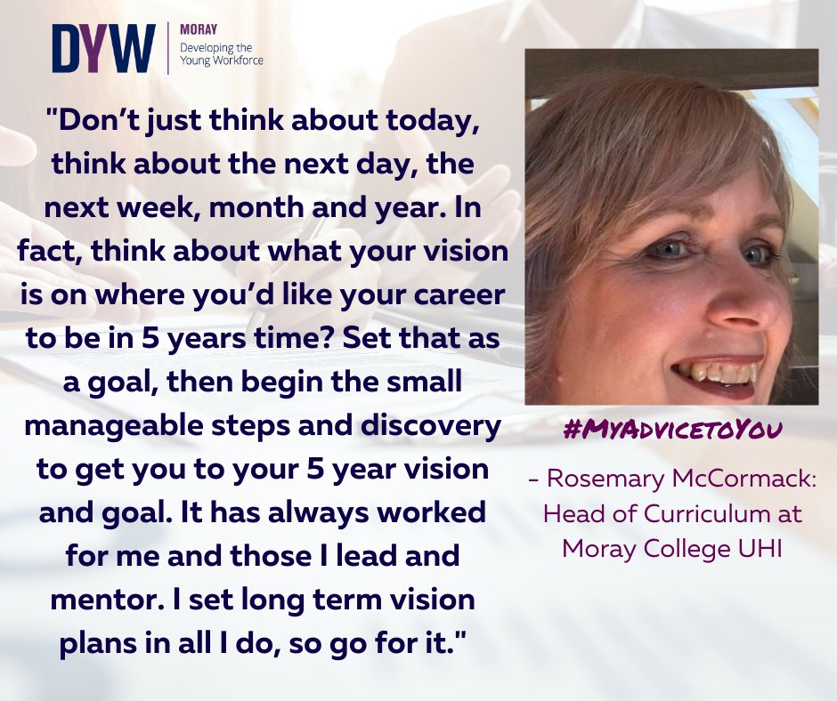 DYWMoray's tweet photo. Here we have Rosemary McCormack supporting our #MyAdvicetoYou campaign by sharing her advice.
Rosemary is a Head of Curriculum at Moray College UHI. Read her advice below...๐
#FAProject @MorayCollege https://t.co/S054MoerIU