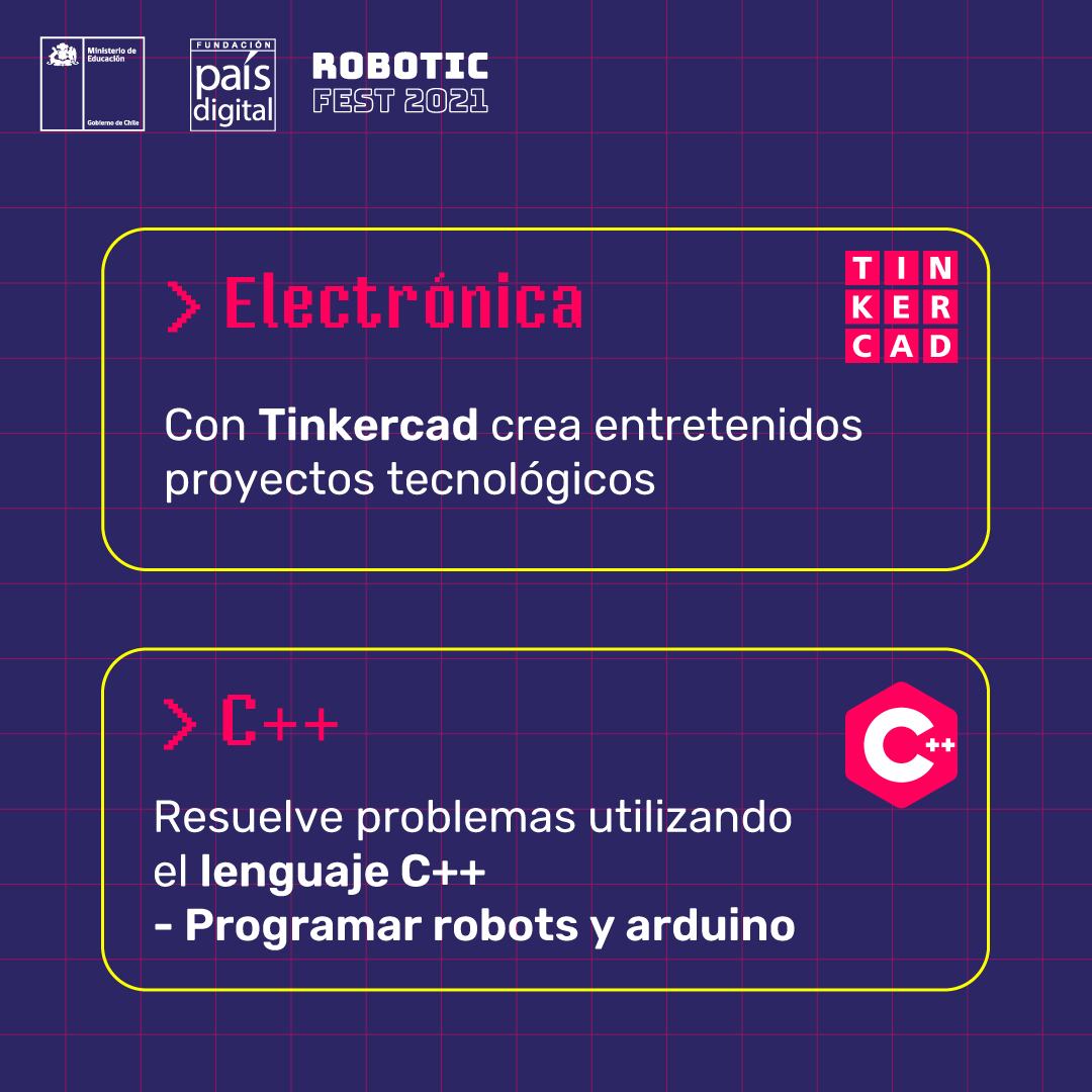 fpaisdigital's tweet image. #RoboticFest 🤖
¿Aún no conoces todos los cursos de robótica?
Revisa y aprende sobre programación a través de las 4 especialidades que hemos preparado junto a @Mineduc.
💻Recuerda que son gratis y 100% online.
Sólo debes inscribirte en 👉🏽 roboticfest.cl