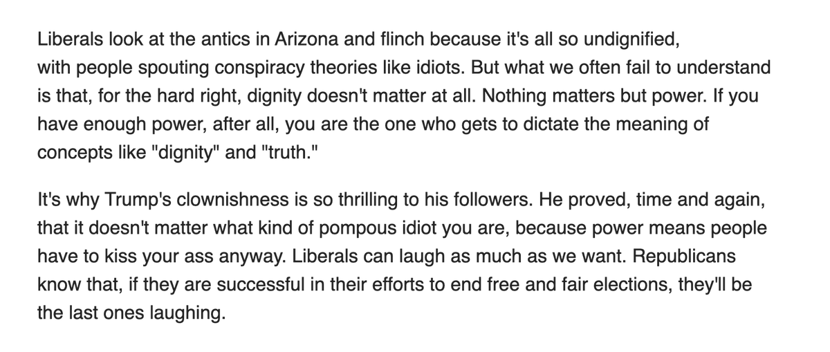 Liberals laugh at the MAGA nonsense in Arizona, because it's all so silly. But what Republicans understand is if they get enough power, they get to decide what is and isn't "silly".