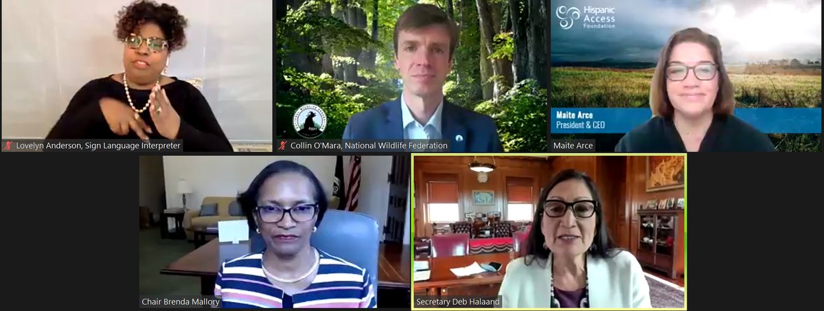 NOW: @SecDebHaaland & @BrendaMallory46 discuss the historic #AmericaTheBeautiful plan to conserve 30% of our public lands and waters by 2030 with @NWF CEO @Collin_OMara and @HispanicAccess CEO @maitearcedc. 

#TeamPublicLands #RecoverWildlife