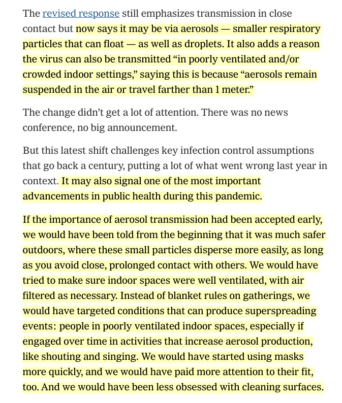 The WHO just updated its page on how COVID-19 transmits. Those few sentences on aerosols represent one of the most crucial scientific advances of the pandemic. My NYT piece on the century-long history of the error, the year of delay—and what it means now.  https://www.nytimes.com/2021/05/07/opinion/coronavirus-airborne-transmission.html