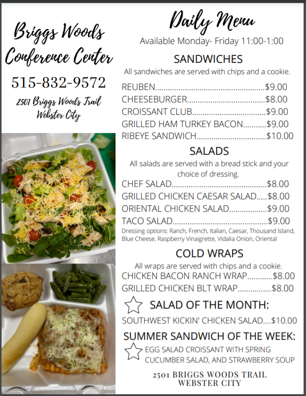 CenterBriggs's tweet photo. Here is our menu for next week! It is another AWESOME week of specials!! You also don't want to miss out on the sandwich of the week! Egg Salad... YUM! Call us at 515-832-9572 to place your order! https://t.co/jP95yPNWYi