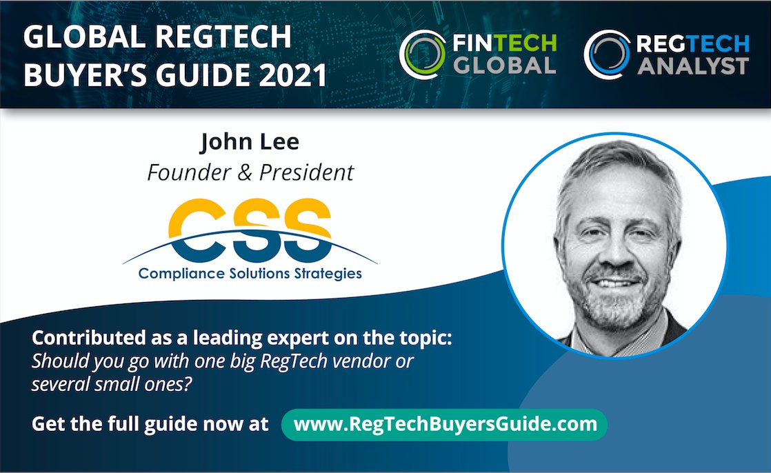 CSSregtech's tweet image. CSS is proud to be included in the RegTech Analyst and FinTech Global 2021 #RegTechBuyersGuide as one of the market-leading solution providers in the compliance industry. CSS&apos;s President, John Lee was one of the #RegTech experts. Grab your copy today: bddy.me/3h8oWoj