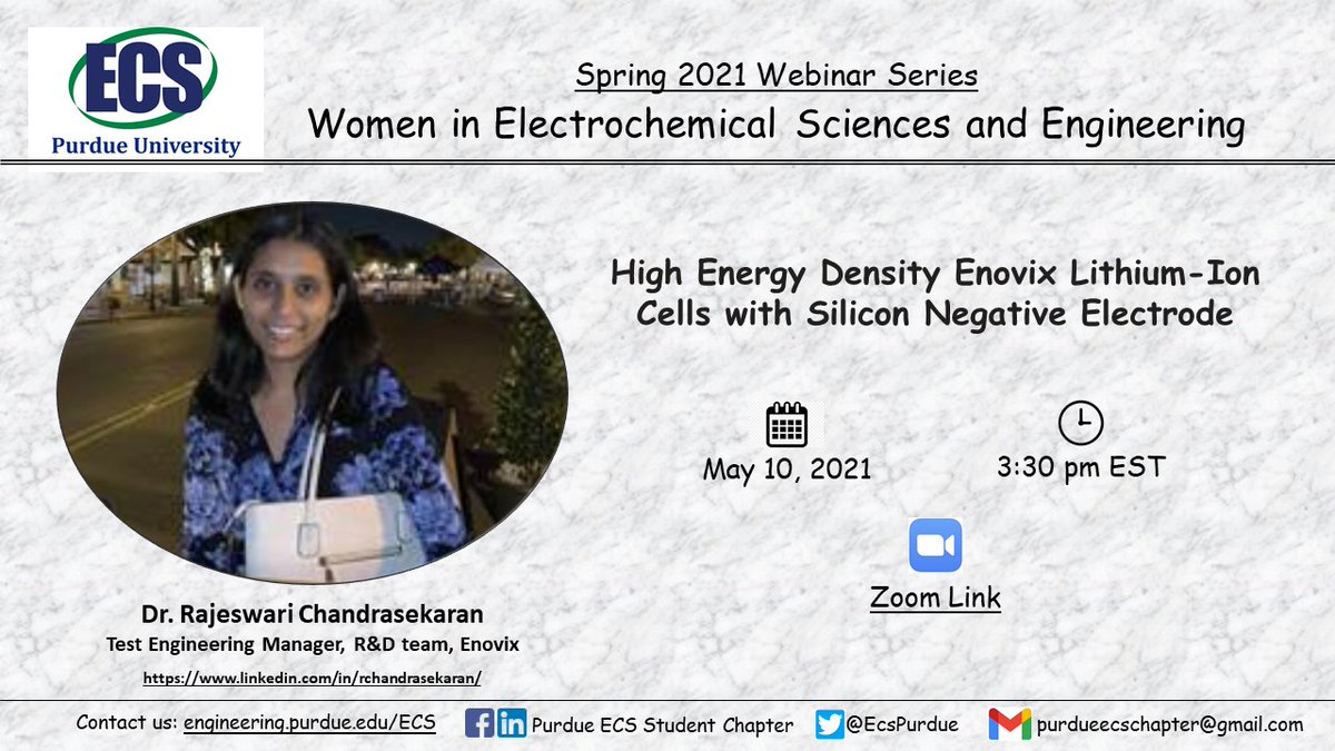 Up next on our #WIESE webinar series, we have Dr. Raji Chandrasekaran from @Enovix3D discussing High Energy Density Enovix #lithiumionbatteries with Si negative electrode. Tune in on Mon, May 10 at 3:30 pm ET: purdue-edu.zoom.us/j/98840361507?… #WomeninSTEM #batterytwitter #battchat