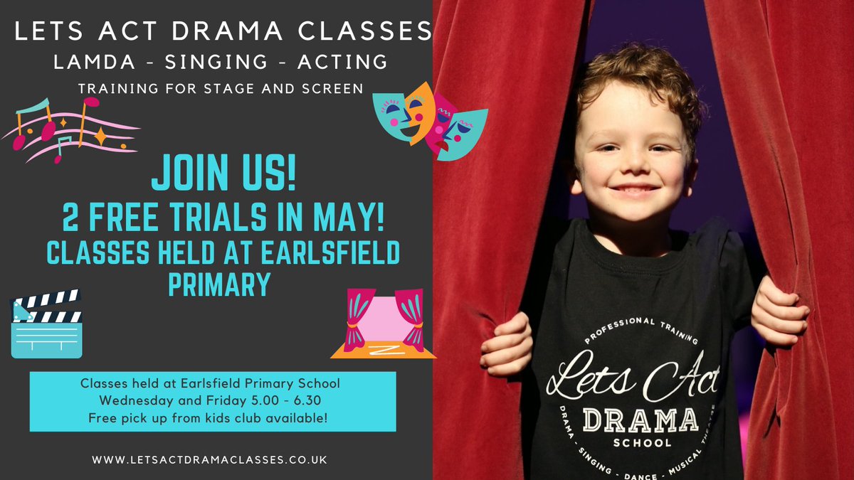 letsactdrama's tweet photo. @EarlsfieldSch LAMDA - DRAMA - SINGING - FUN BOOK 2 WEEKS OF FREE TRIALS AT LETS ACT DRAMA! 5.00 - 6.30 AT EARLSFIELD PRIMARY. BOOK HERE- https://t.co/YnVAyQogbD https://t.co/0W7XteqRpA