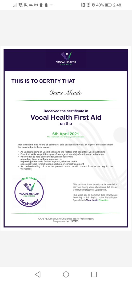 I am thrilled to say that I am now a certified vocal health first aider.