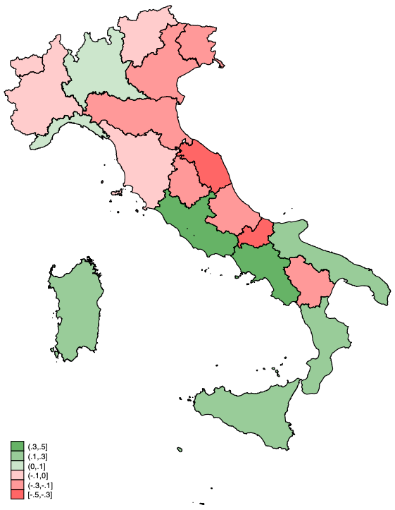 TStatSrl's tweet photo. Applying @stata's #grmap command to @Infocamere data indicates that the #Italian North East has been relatively harder hit in terms of net #firm #creation during the first quarter 2021. https://t.co/MK45eYkFEC