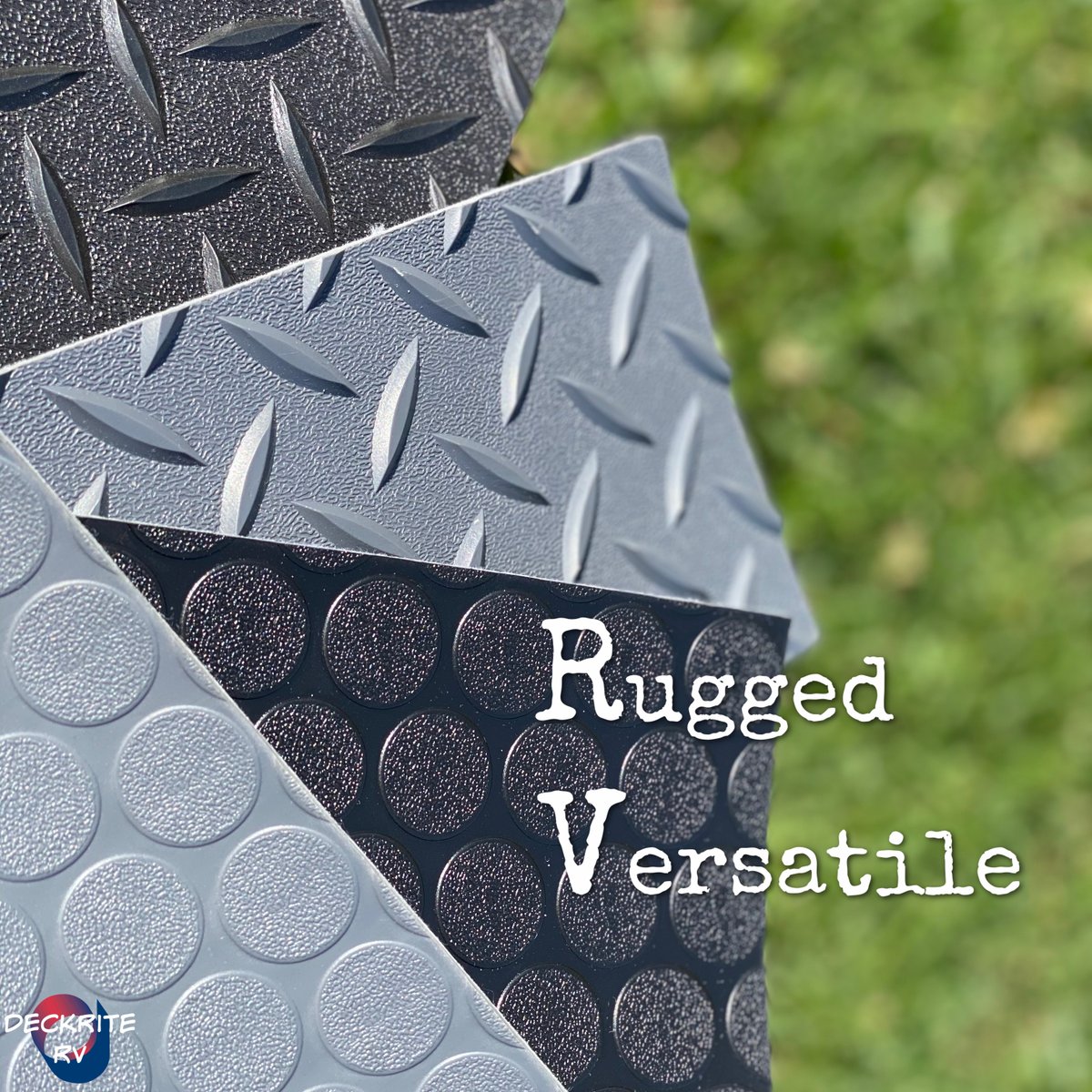 This is real RV flooring. Our raised coin and diamond pattern embossed flooring is waterproof, slip-resistant, easy to clean, and tough enough for that outdoor life. #DeckriteRV #RVlife #outdoors