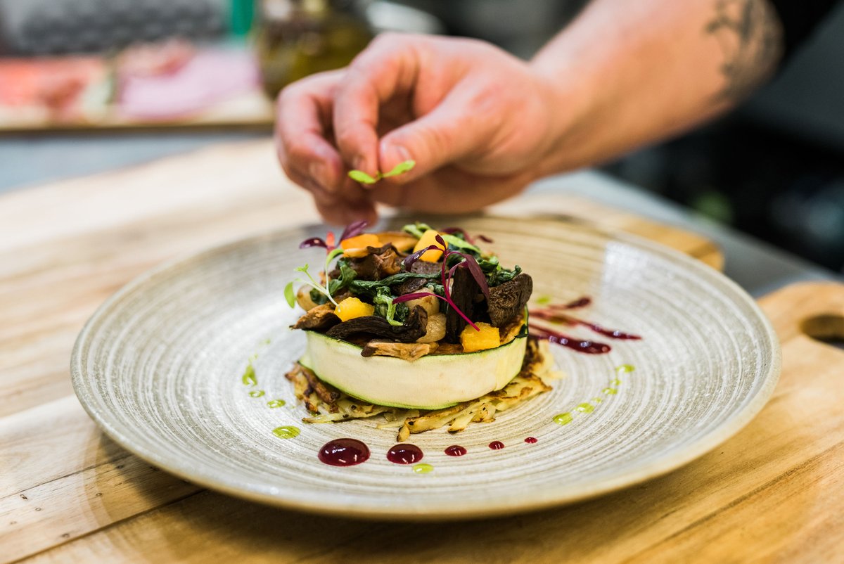 Did you know that we create vegan menus? This is our Butternut Rossini - fillet of butternut squash, wrapped in courgette, topped with spinach, onions, wild mushrooms and pumpkin seeds, with a potato rosti and beetroot ketchup. Find out more about our menus over on our website!