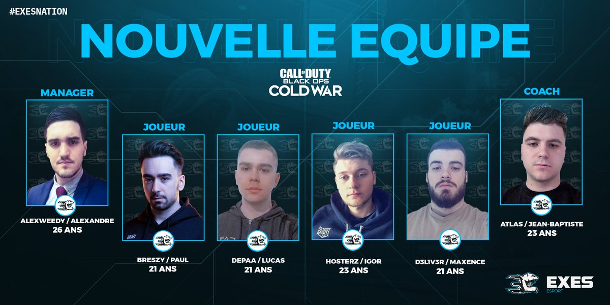 Nous sommes heureux de vous dévoiler notre nouvelle équipe #CoD #MadeInFrance💥

🇨🇵 Joueur : <a href="/Breszy/">Breszy</a>
🇨🇵 Joueur : <a href="/MaxennceD3/">max 𒌐</a>
🇨🇵 Joueur : <a href="/RMDepaa/">lucas</a>
🇧🇪 Joueur : <a href="/HHosterz/">Hosterz</a>
🇫🇷 Manager : @AlexGiry33
🇨🇵 Coach : <a href="/ATLA4S/">JB Duzert</a>

Prêts à les encourager ? ✊

#eXeSNation 🔵⚪