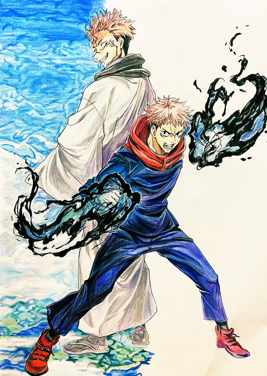 両面宿儺 半分終わりました 呪術廻戦 両面宿儺 虎杖悠仁 色鉛筆 模写 ダインのイラスト 両面宿儺 半分終わりました 呪術廻戦 両面宿儺 虎杖悠仁 色鉛筆 模写 ダインのイラスト