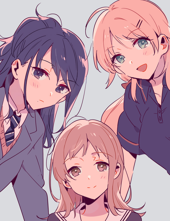 hachimiya meguru ,kazano hiori ,sakuragi mano multiple girls 3girls mole under mouth mole school uniform smile necktie  illustration images