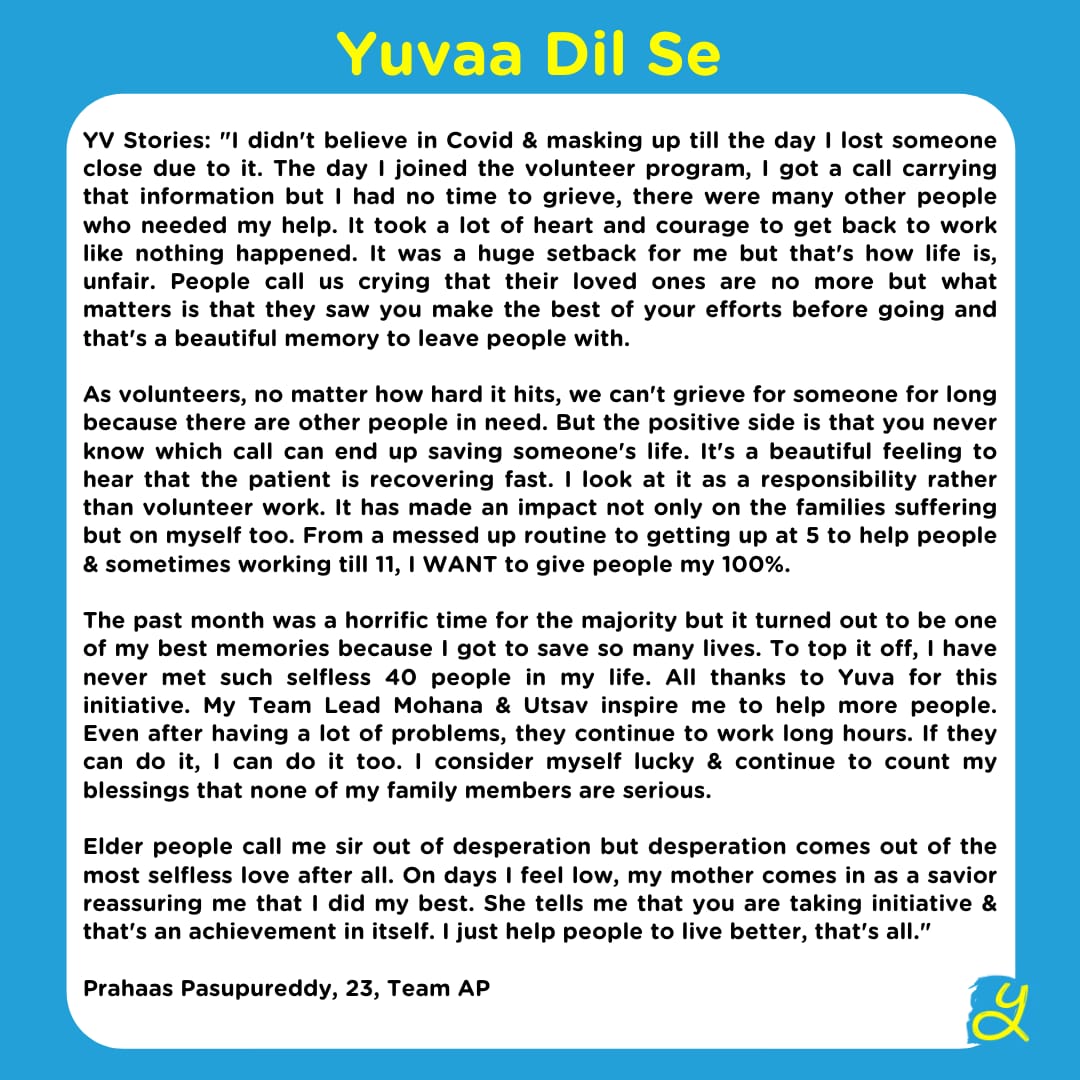 Meet Prahaas #YuvaaVolunteer who is working tirelessly to bring smiles and save lives across India. 

#YuvaaDilse #YVStories #YouthFightsCovid #Yuvaa