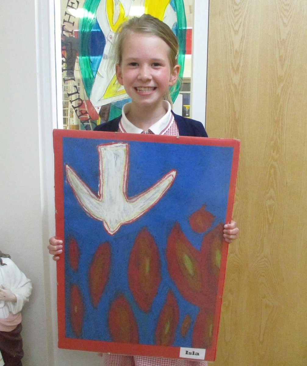 Congratulations to Isla, our new Artist of the Month. She was chosen for her stunning oil pastel drawing expressing the theme of Pentecost. She has captured the movement of the flickering flames and flying dove beautifully. Well done, Isla!
