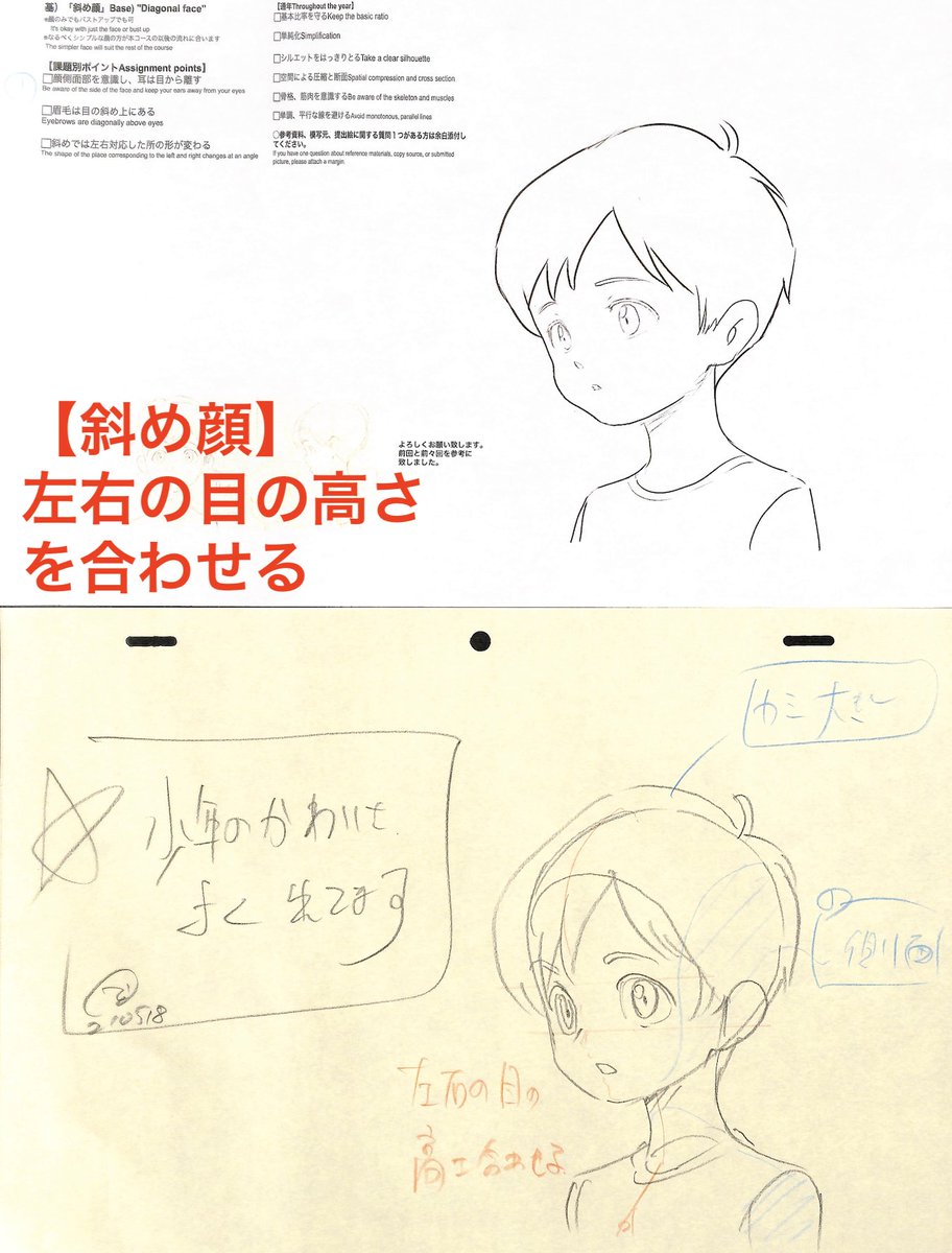 【斜め顔】
『左右の目の高さを合わせる』
※21年5月基礎コース「斜め顔」添削結果より 
