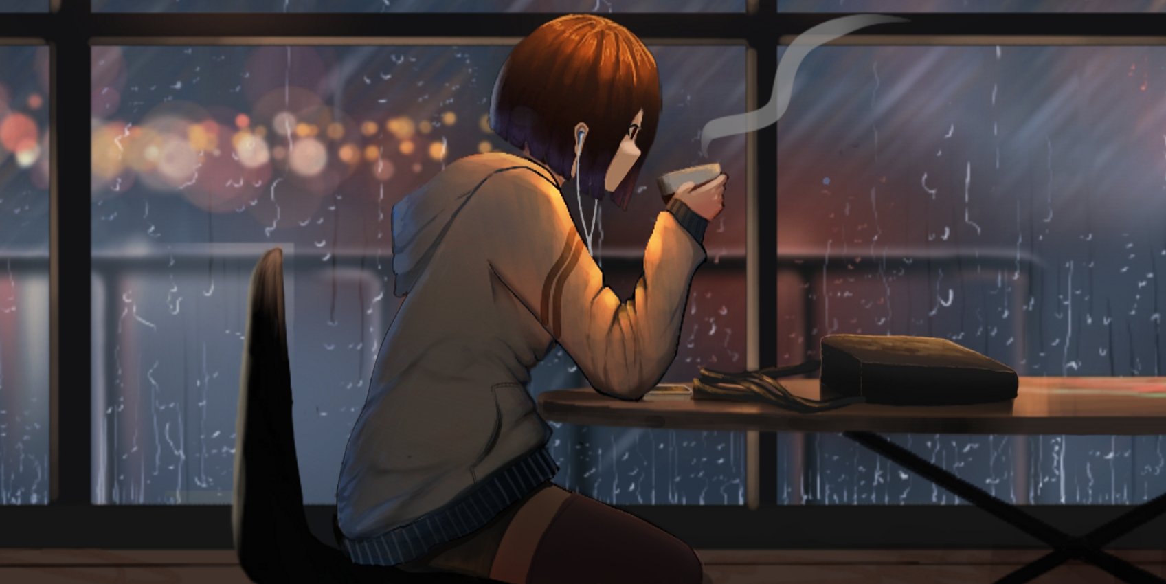טוויטר Raihan Art בטוויטר Cafe Coffee Shop Artwork By Me Art Artworks Artistsontwitter Anime Animeart Digitalart Background Animebackground Digitalpainting Scenery Animegirl Hoodie Night Rainy Coffee Shop Aesthetic Originalart