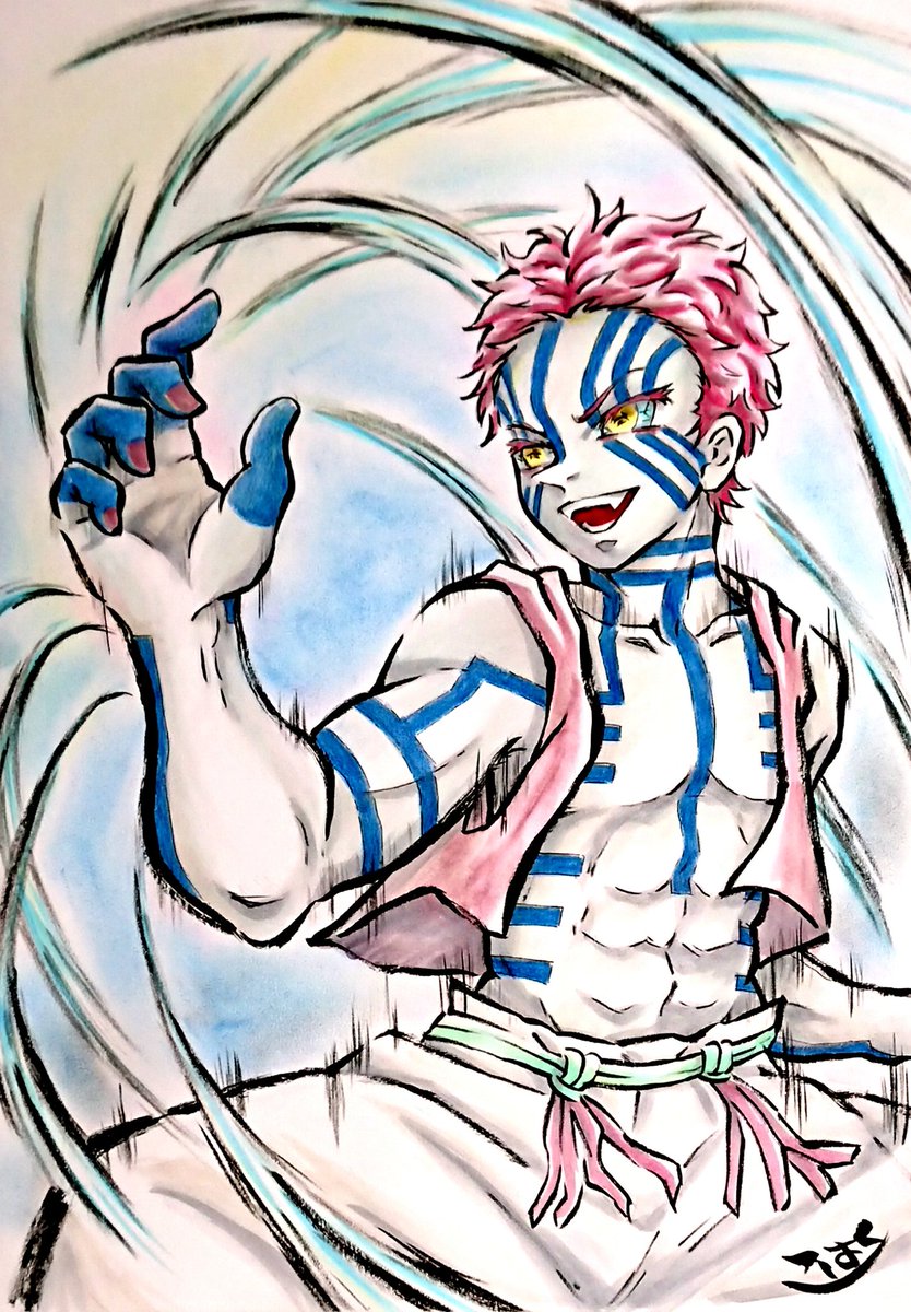 鬼滅の刃 猗窩座さん 描きました 画材は筆ペン コピック パステルです 今回も迫力重 こはくのイラスト 鬼滅の刃 猗窩座さん 描きました 画材は筆ペン コピック パステルです 今回も迫力重 こはくのイラスト