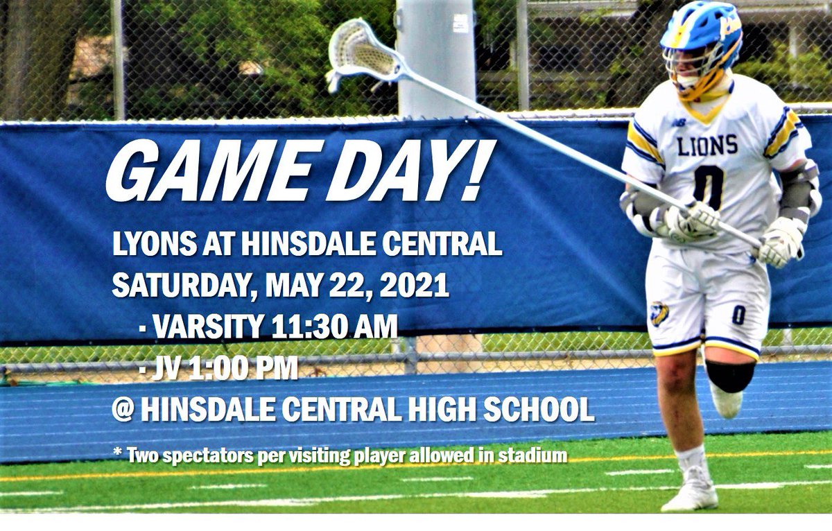 LT at HINSDALE CENTRAL 🥍
Saturday, May 22, 2021
⁃Varsity 11:30 AM
⁃JV 1:00 PM
@ Hinsdale Central High School               
👉 WSC RULE CHANGE: Now admitting two spectators per home or visiting player
Go Lions 🦁