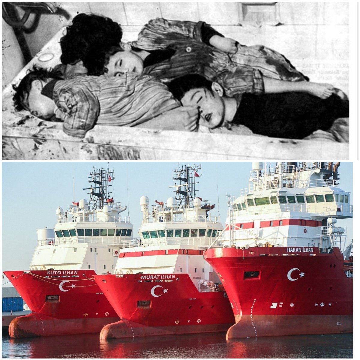 KANLI NOEL KATLİAMI 
Kıbrıs’ta 24 Aralık 1963 gecesi EOKA’cı katillerin Lefkoşa’da Binbaşı Nihat İlhan’ın eşi ile oğulları Murat, Hakan ve Kutsi’yi katletmesinden 57 yıl sonra üç kardeşin isimleri Mavi Vatan’da görev yapacak üç gemiye verildi.

İsimleri çok yaşasın
🇹🇷🇹🇷🇹🇷