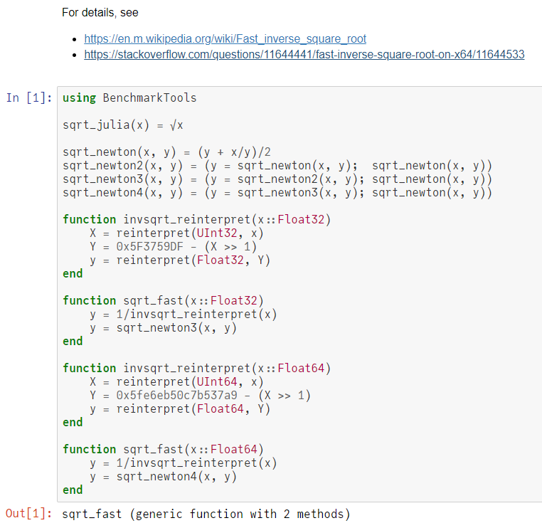 黒木玄 Gen Kuroki Julia言語 Julia版のコードを見たいと思ったので書いた Juliaではreinterpret函数を使う コードもおそろしくすっきりしています T Co Qdmfjwcrye 浮動小数点 数の規格を利用した平方根の逆数の近似値を高速に計算する方法